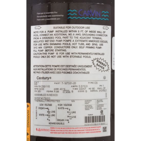 9010-6915R Motor Carvin Cygnet 0.75hp 115/230v 1-Spd 10A/5A